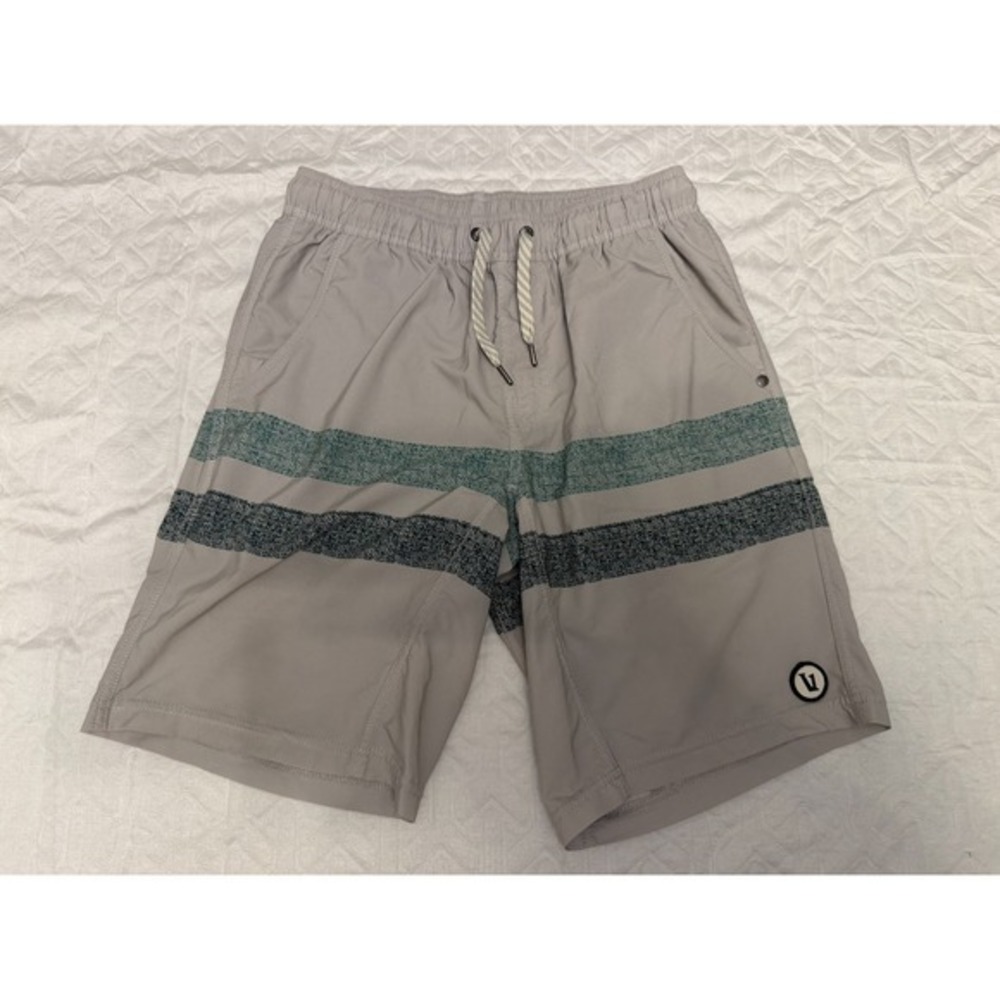 Vuori‎ Banks Shorts Small Fog Heather Teal Stripe Lined Stretch Swim Trunks